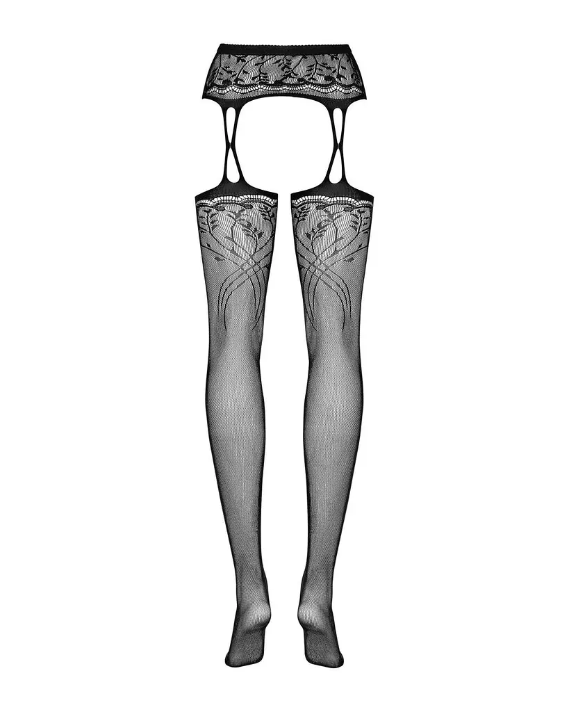 Чулки-стокинги с растительным рисунком Obsessive Garter stockings S206 black черные имитация S/M/L - фото 6