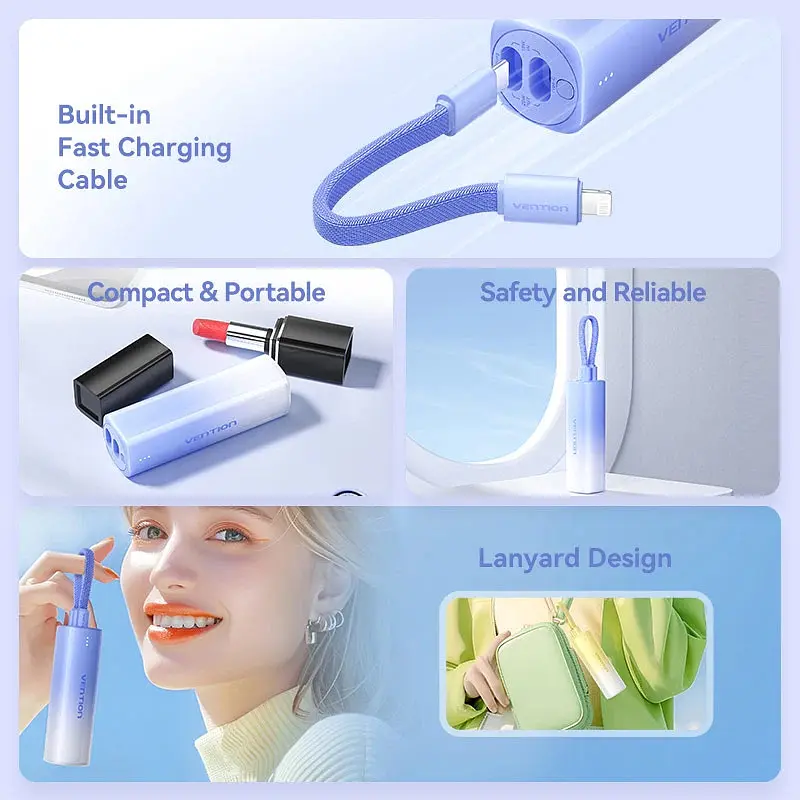 Універсальна мобільна батарея Vention 5000mAh 20W PD, USB-C In/Out, Lightning In/Out, with cable, Gradient Синій - фото 5