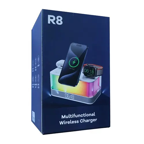Зарядна станція/колонка 5 IN1 R8 (iPhone, iWatch, AirPods, Alarm Clock, LED LAMP) 0RIGINAL - фото 2