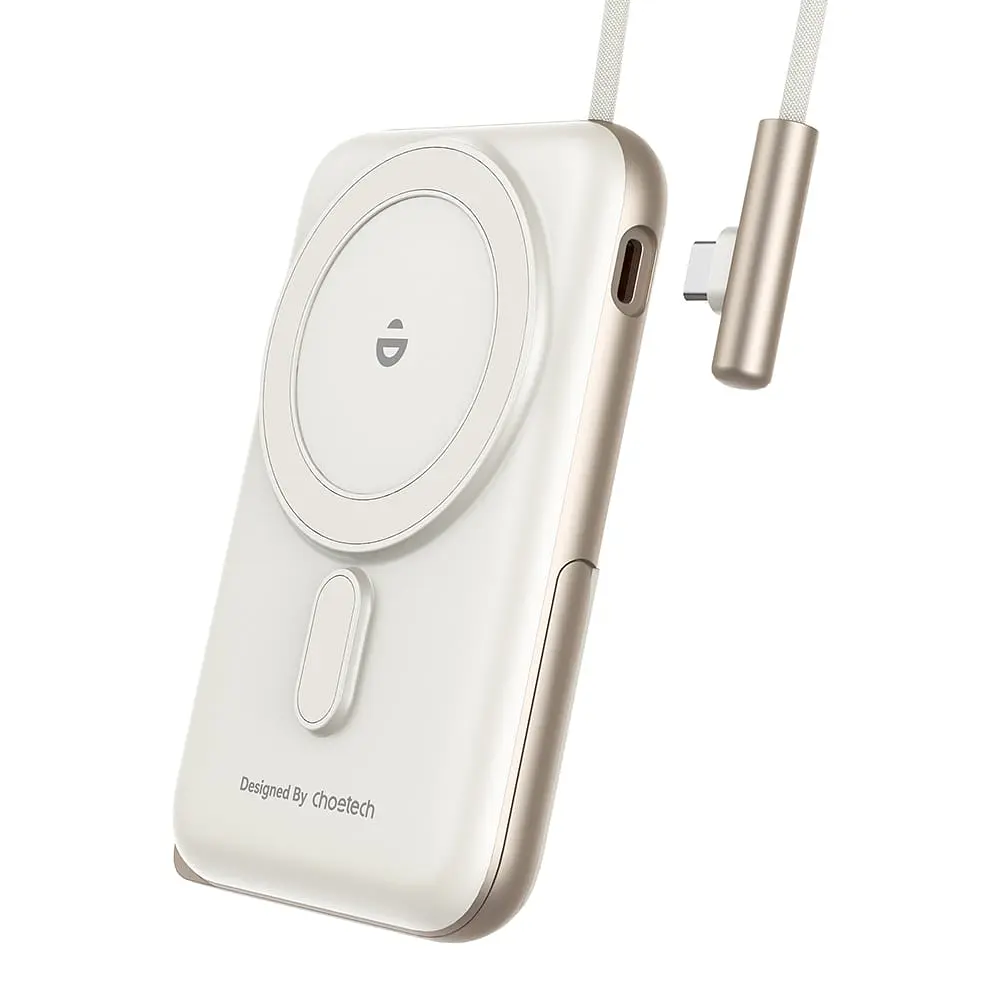 Повербанк 10000mAh Choetech B735 White QC3.0 PD3.0 бездротова магнітна зарядка, вбудований кабель, підставка (43-00150) - фото 2