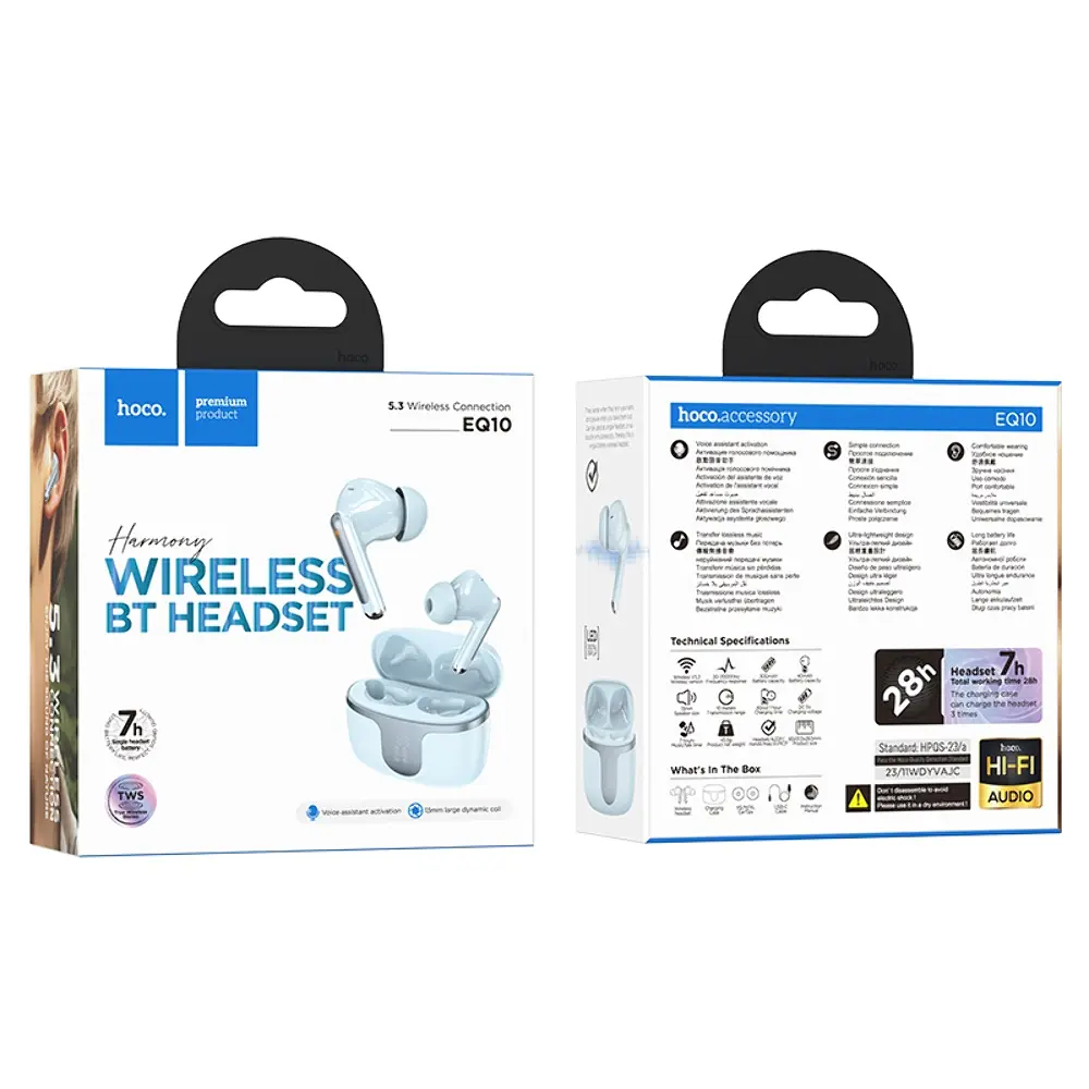 Беспроводные TWS наушники Hoco EQ10, вакуумные, BT5.3, 40mAh, 300mAh, 7h, blue - фото 3