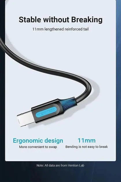 Кабель Vention USB type А 2.0 — USB type B для принтерів, БФП 2.0 480 Мбіт/с 2 A 0.5 м Black (COQBD) - фото 3