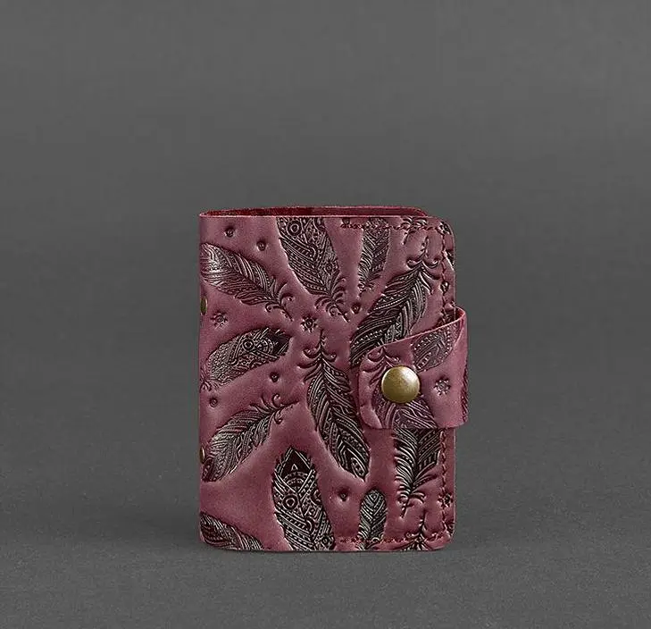 Жіночий шкіряний кард-кейс 7.1 (Книжечка) бордовий з пір'ям - фото 6