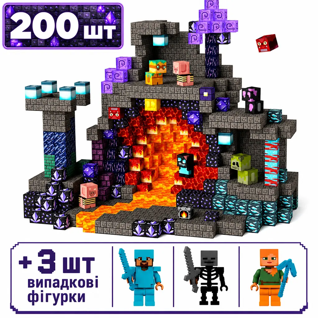 Магнітний конструктор Minecraft 200 шт по грі Майнкрафт Підземелля та лава Mk001019.1 - фото 3