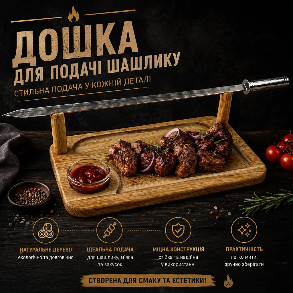 Дошка для подачі шашлику на 1 персону 40х25 см з соусницею, дерев’яний піднос для сервірування - фото 5
