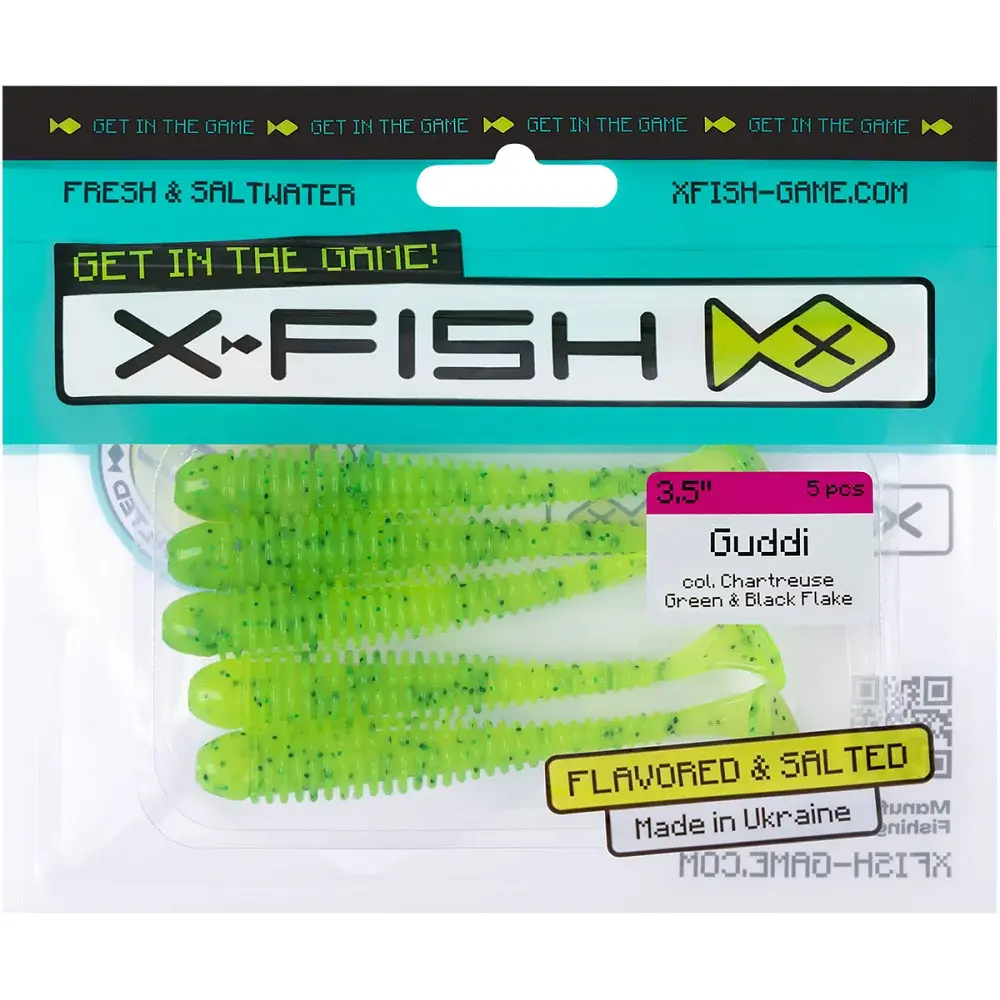 Силікон X-Fish Guddi 3.5" Chartreuse Green & Black Flake (5шт/уп) - фото 2