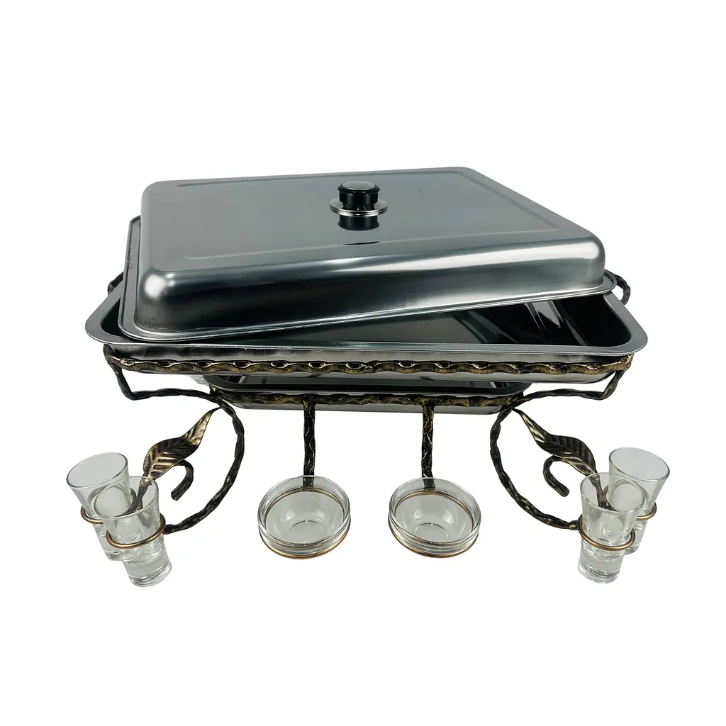 Садж прямокутний для подачі та підігріву шашлику 45х35 см з соусницями, чарками і кришкою - фото 2