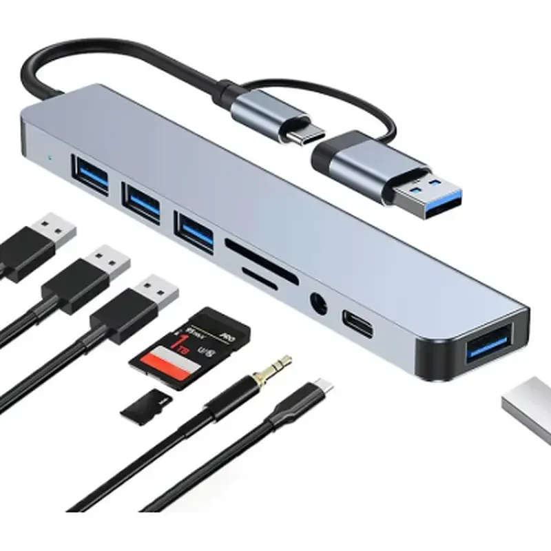 Концентратор Dynamode USB-C/A 8-in-1 1xUSB-C + 1xUSB 3.0 + 3xUSB 2.0 + 3.5mm audio + SD/TF silver (BYL-2218TU) - фото 2