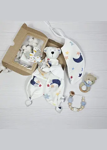 Набір для малюка: ведмедик, гризунець, слинявчик a.l.babybox Зірочки та місяць кольорові