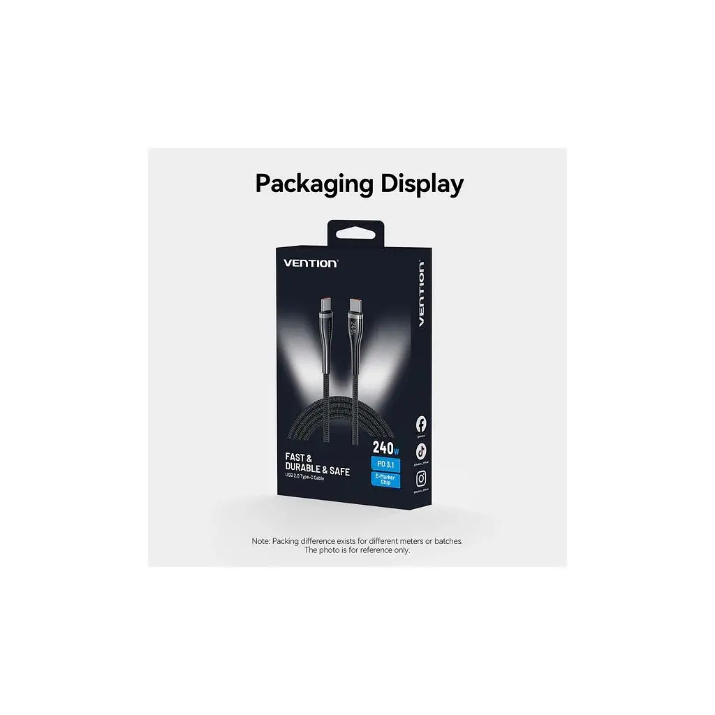 Дата кабель USB-C to USB-C 1.2m 5A nylon braided black Vention (CTYBAV) - фото 3