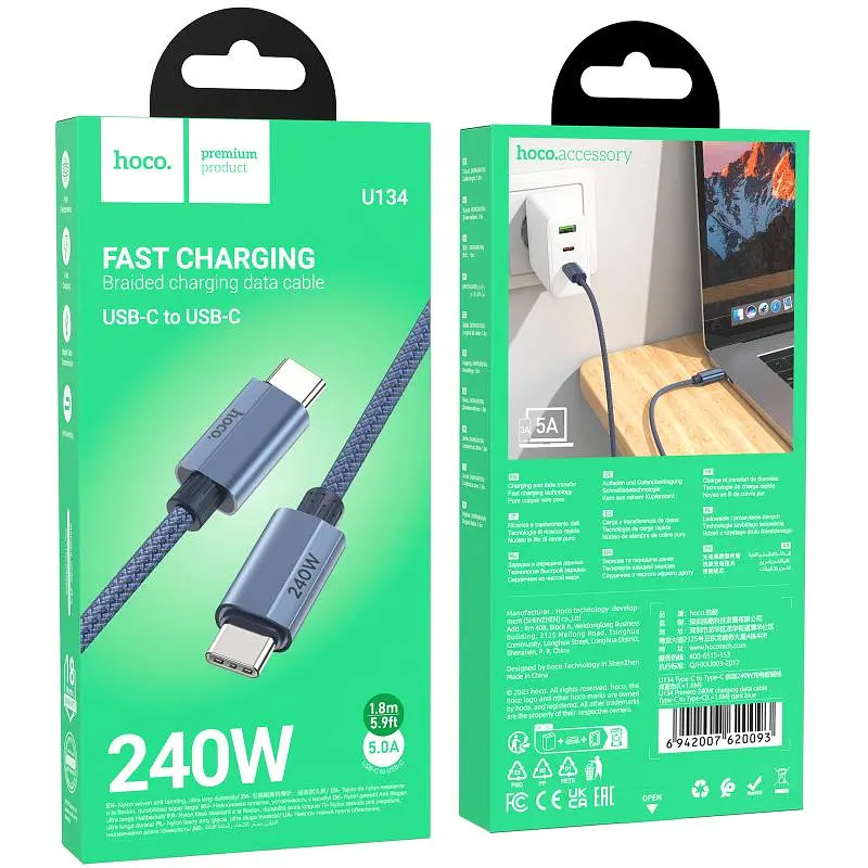 Дата кабель Hoco U134 Primero Type-C to Type-C 240W (1.8m) Dark Blue - фото 4