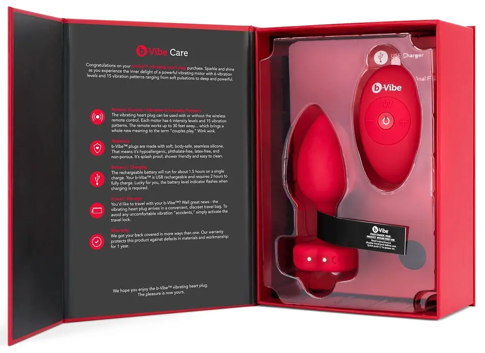 Анальна пробка з вібрацією та панеллю управління B-Vibe Vibrating Heart Plug M/L Red - фото 8