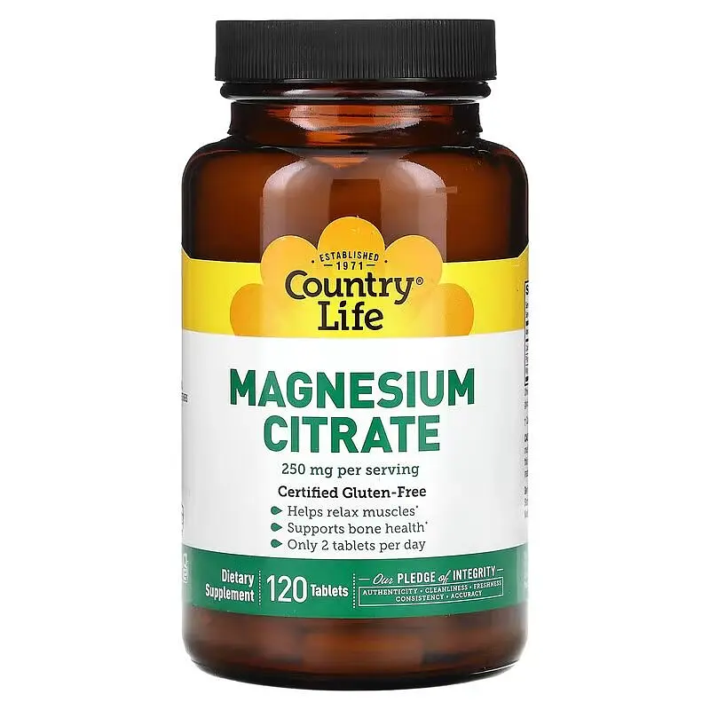 Магній, кальцій та фосфор Country Life Magnesium Citrate, 120 таблеток для підтримки кісток