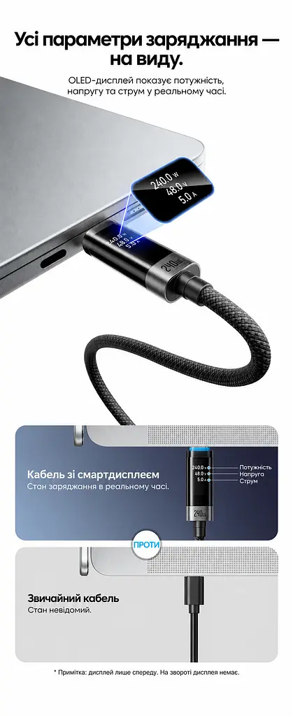 Кабель Vention TSIBF USB-C - USB-C PD 240 Вт з OLED-дисплеєм 1 м чорний (TSIBF) - фото 3