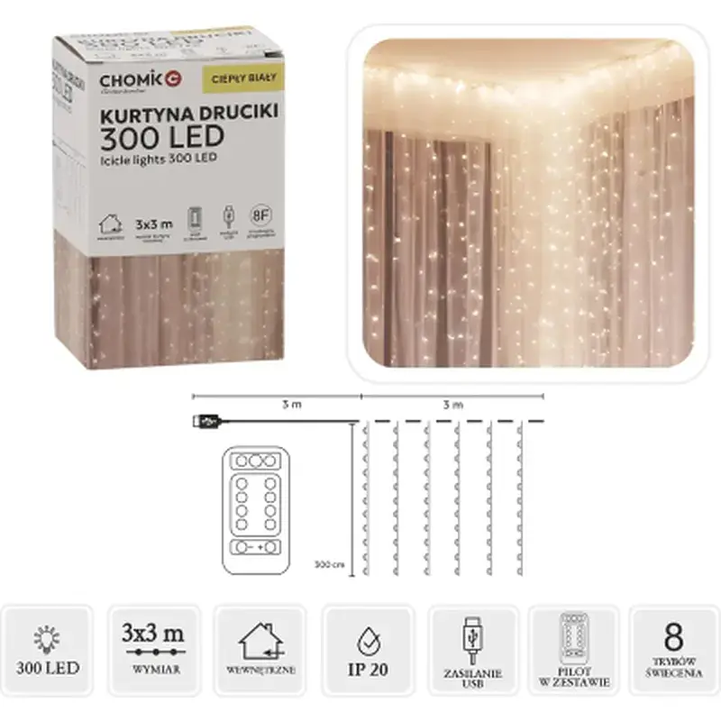 Гірлянда Chomik Штора 3 х 3 м 300 LED Теплий білий USB з пультом (5900779879997) - фото 3