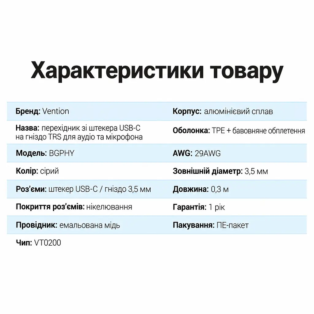 Адаптер-розгалужувач для гарнітури Vention кабель завдовжки 0,3 м ЦАП DAC штекер USB-C на гніздо 3,5 мм для аудіо та окреме гніздо 3,5 мм для мікрофона джерело має підтримувати передавання аудіо через USB-C для мобільного караоке та прямих трансляцій для відеочатів сірий (BGPHY) - фото 2