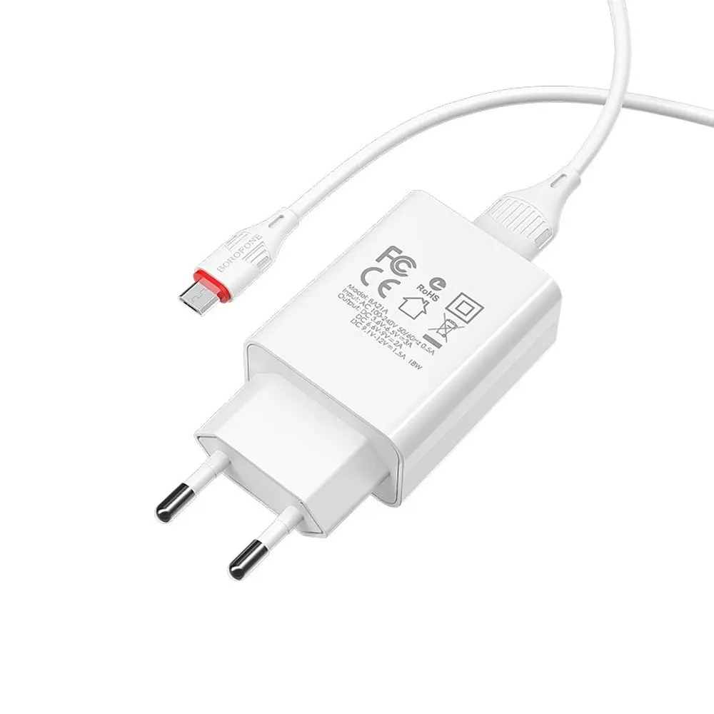 Зарядний пристрій Borofone BA21A USB QC 18W білий + кабель USB to MicroUSB - фото 2