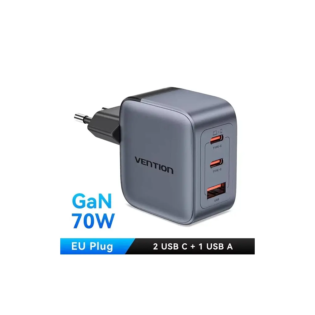 Зарядний пристрій Vention 1xUSB-C PD 70 Вт + 1xUSB QC 3.0 22.5 Вт GaN + кабель USB-C — USB-C 1.0 м 5 А сірий (TZ-FCGH0-EU) - фото 2
