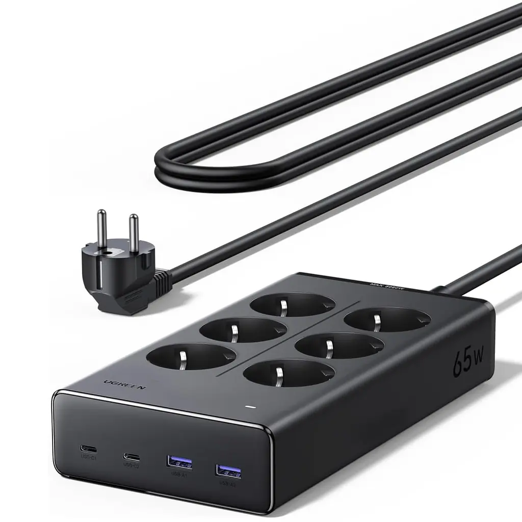 Мережевий фільтр із USB-заряджанням UGREEN S652 1,5 м подовжувач 6 розеток Schuko 2×USB-C + 2×USB-A навантаження розеток до 3680 Вт USB сумарно до 65 Вт USB-C1 PD 3.0 PPS до 65 Вт при окремому використанні із загальним вимикачем із захисними шторками розеток з можливістю настінного кріплення розетки під кутом 45° темно-сірий (55286)