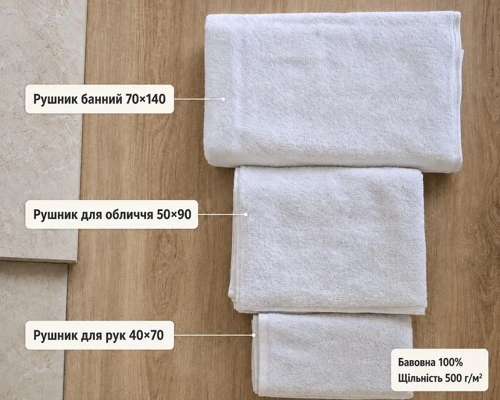 Набір махрових однотонних рушників Ярослав 40х70+50х90+70х140 білий щільність 500 г/м2 - фото 2