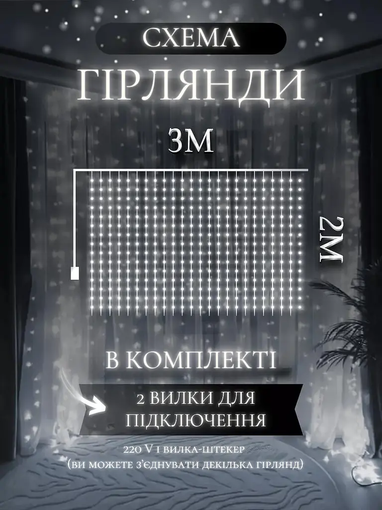 Світлодіодна штора на вікно новорічна гірлянда Холодний білий (30307092) - фото 4