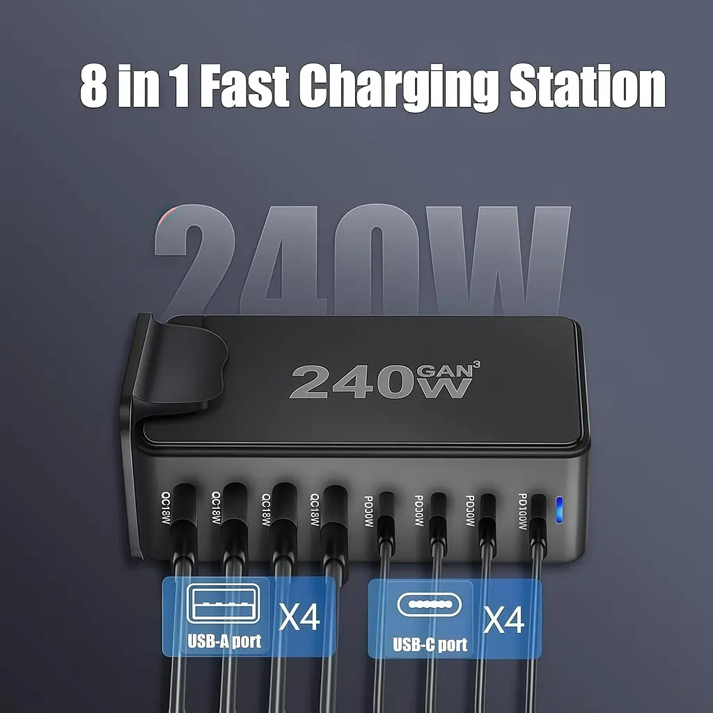 Мережева зарядна станція ILEPO 240W на 4 USB+4 Type-C мультизарядний пристрій потужний блок живлення Black (19338) - фото 3