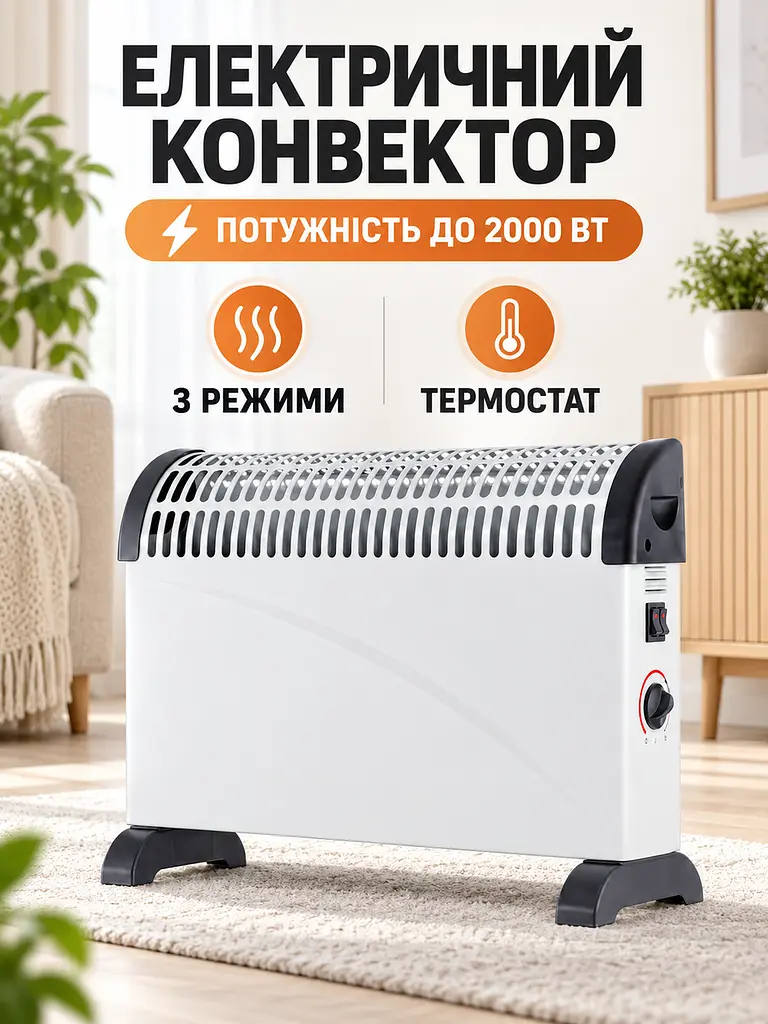 Конвектор електричний 2000 Вт з термостатом, 3 режими 750/1250/2000 Вт, до 23 м², білий (49676416) - фото 2