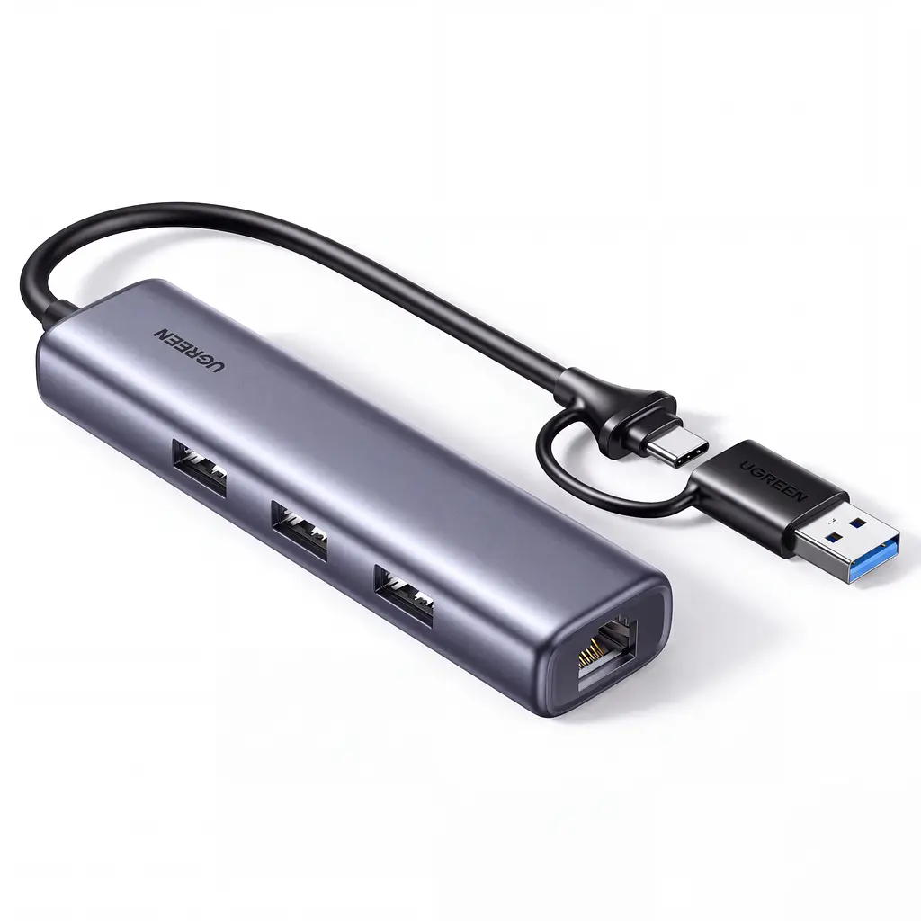 Мережевий адаптер із USB-хабом UGREEN CM811 Ethernet підключення через USB-A або USB-C порт RJ45 мережа до 1 Гбіт/с 3 порти USB-A 3.0 для периферії передавання USB до 5 Гбіт/с для Windows macOS Linux та пристроїв iOS Android із підтримкою OTG без окремого встановлення драйвера в сумісних системах захист від надструму й короткого замикання та від статичної електрики й імпульсних перенапруг екранування кабелю від перешкод вбудований кабель 0,2 м космічний сірий (95538)