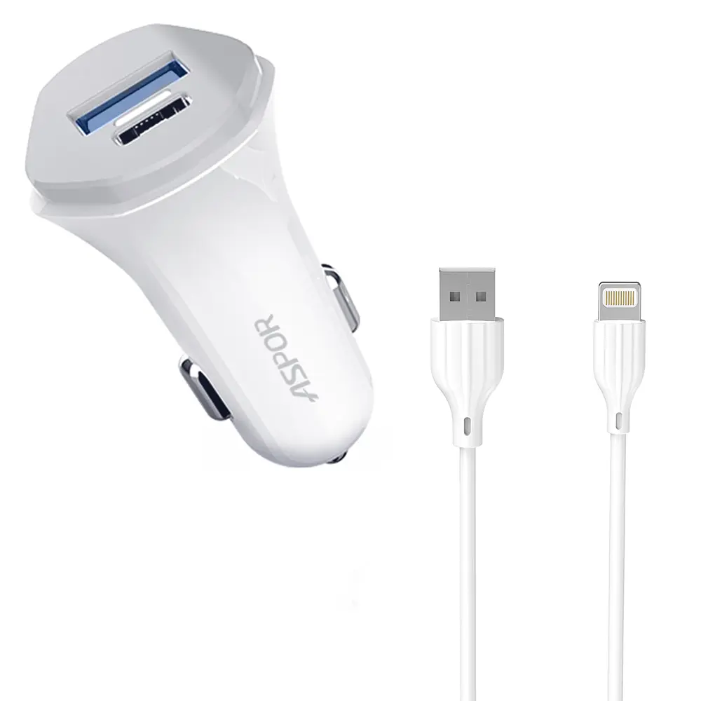 Автомобільний зарядний пристрій Aspor A903 (2USB/3.4A) + USB кабель Lightning- білий - фото 3