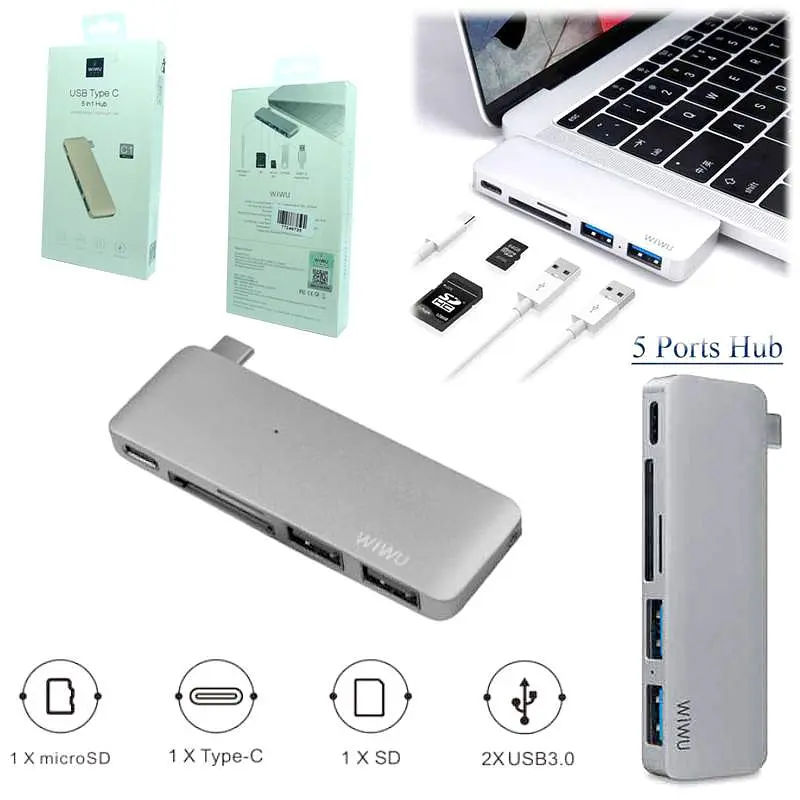 Адаптер Wiwu C1 Plus, USB-C до USB-C + SD + TF + 2×USB 3.0 HUB сірий - фото 2