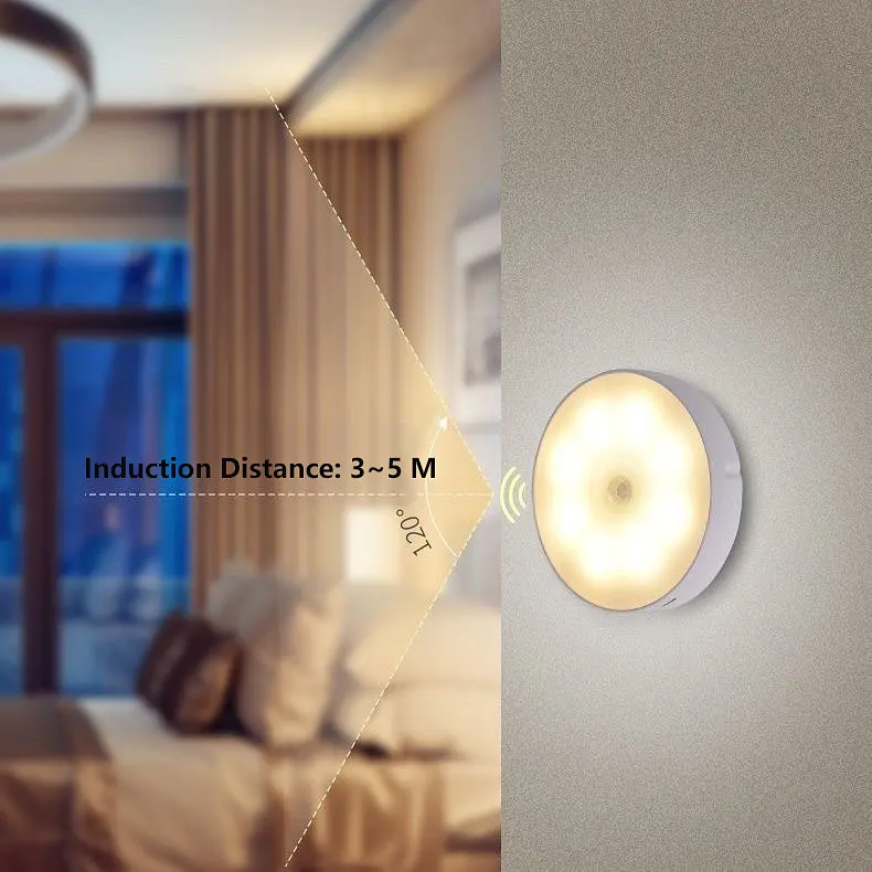 Настінна LED-лампа з датчтком руху 8х2см / Бездротовий круглий нічник USB з магнітним кріпленням - фото 3