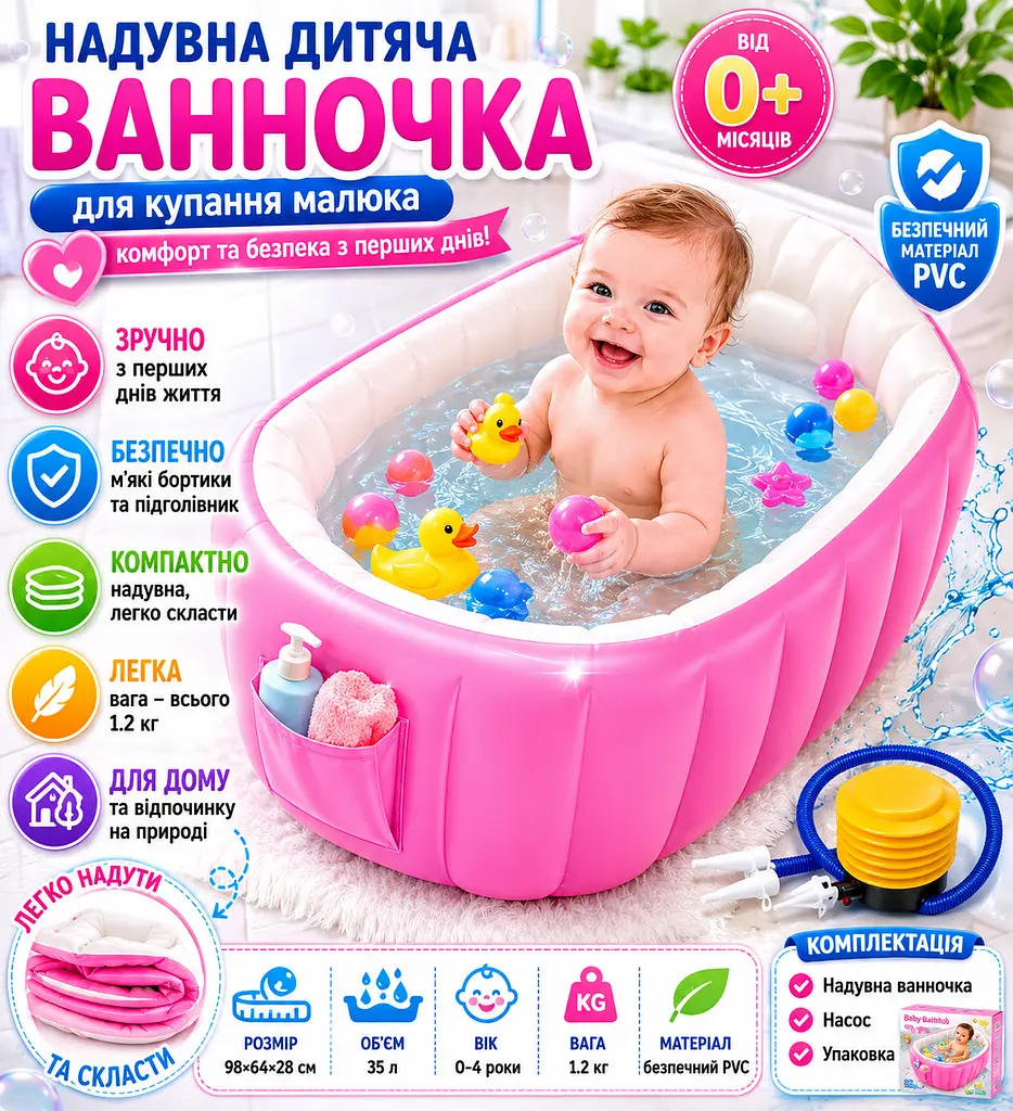 Дитяча надувна ванна з насосом, рожева - фото 2