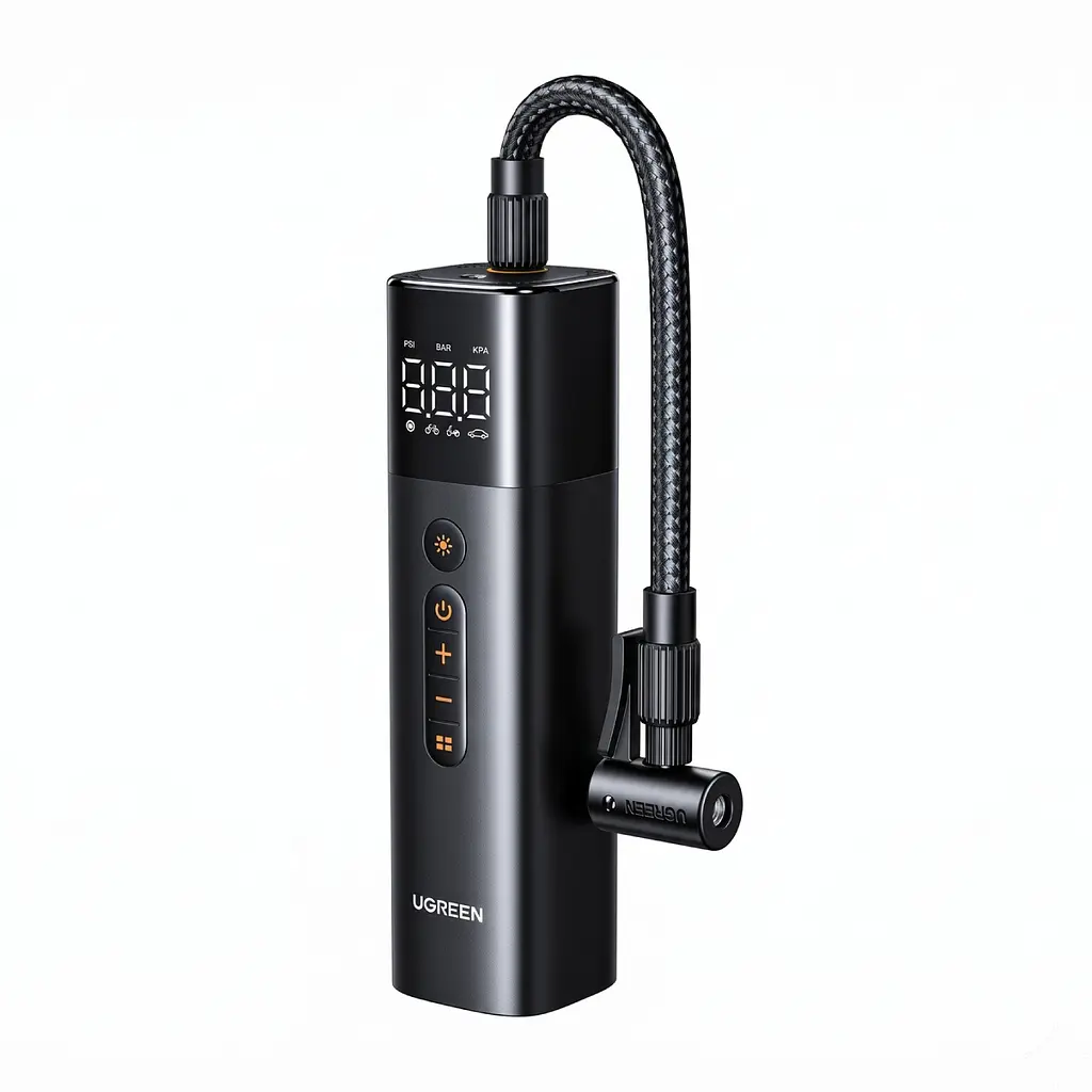 Автомобільний компресор UGREEN ET501 насос для шин від прикурювача 12 В тиск 3–150 psi 30 л/хв без навантаження автостоп за заданим тиском цифровий манометр ліхтар із попередженням і SOS захист від перегрівання пам’ять тиску швидкознімний адаптер Schrader перехідник Presta насадки для м’ячів і надувних виробів знімний кабель живлення 3 м знімний повітряний шланг 17 см двигун 120 Вт чорно-темно-сірий з помаранчевими позначками (35573)