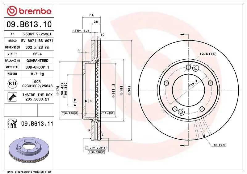 Диск тормозной передний вентилируемый Kia Sorento I 02-11г Brembo ( 09.B613.11 ) - фото 3