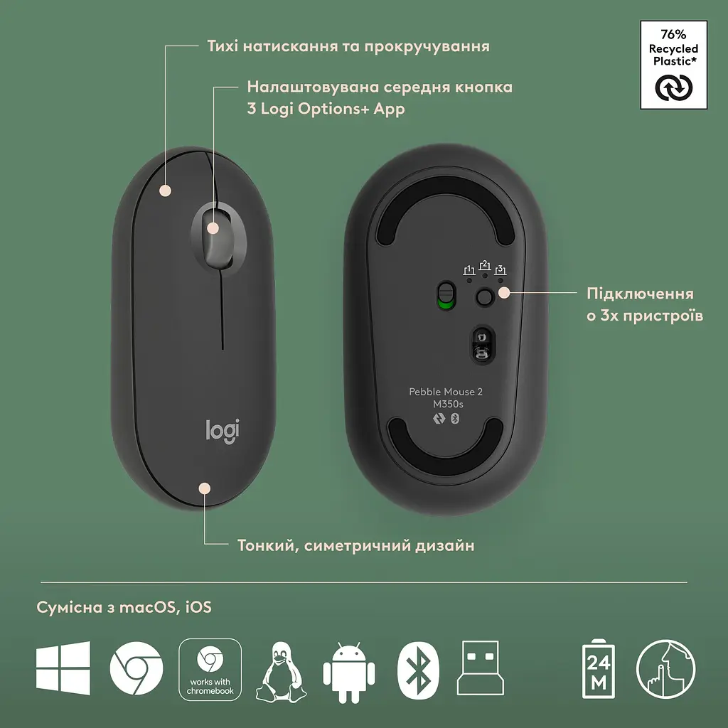 Комплект (клавиатура + мышь) Logitech Pebble 2 Combo Graphite (920-012239) UA [141507] - фото 12