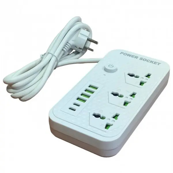 Мережевий фільтр подовжувач 2 метри на 3 розетки, 4 USB 3.4A, 2 Type-C з вимикачем та заземленням 3000Вт 16А Power Socket J07 білий - фото 4