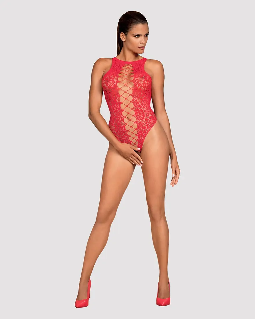 Ажурний бодістокінг із ефектом шнурівки Obsessive B120 teddy red S/M/L, червоний - фото 3