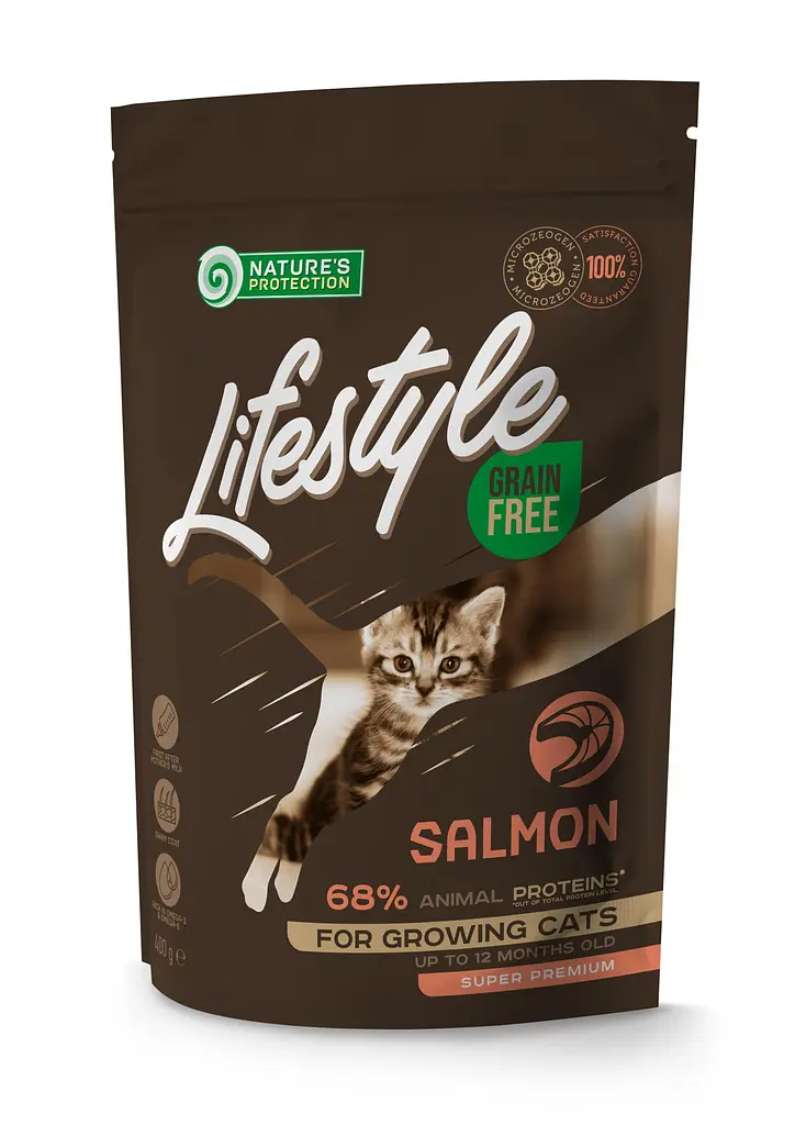 Сухий беззерновий корм для кошенят з лососем Nature's Protection Lifestyle Grain Free Salmon Kitten, 400г
