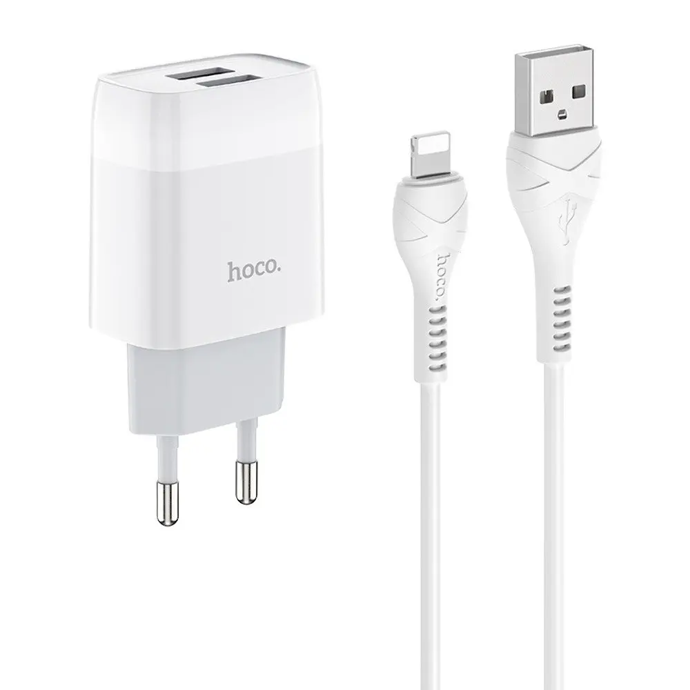 Зарядний пристрій Hoco C73A 2 USB білий + кабель USB to Lightning - фото 4
