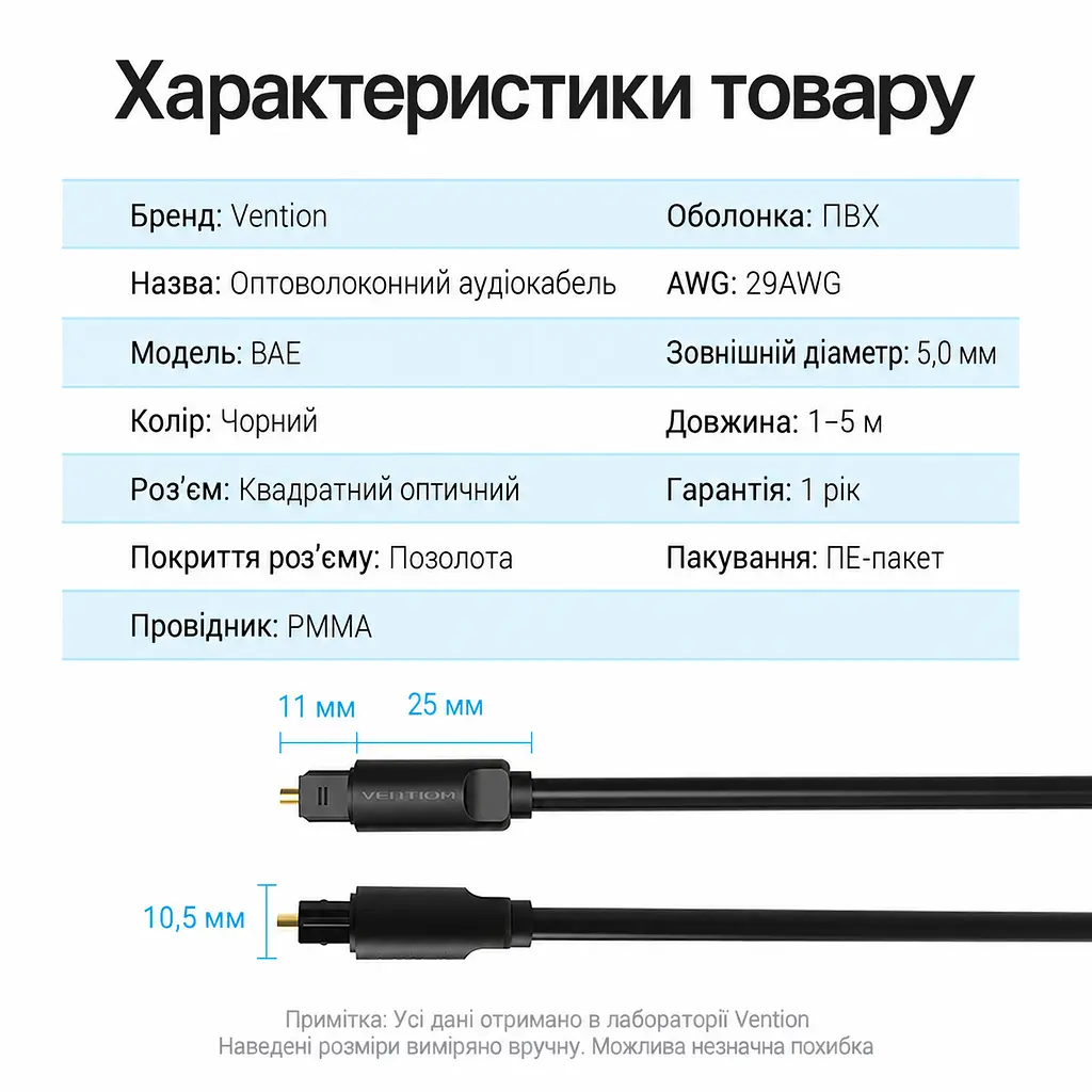 Оптичний цифровий аудіокабель Vention 1,5 м Toslink Тослінк Оптичні штекери S/PDIF 5.1-канальне аудіо Для 5.1 джерело й приймач мають підтримувати формат Чорний (BAEBG) - фото 2