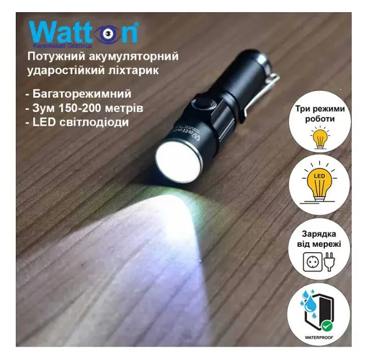 Фонарик ручной Watton WT089, 1LED CREE Q5, 3W, 3 режима, АА/1400mah, СЗУ, IP40, 100х26х26 - фото 3