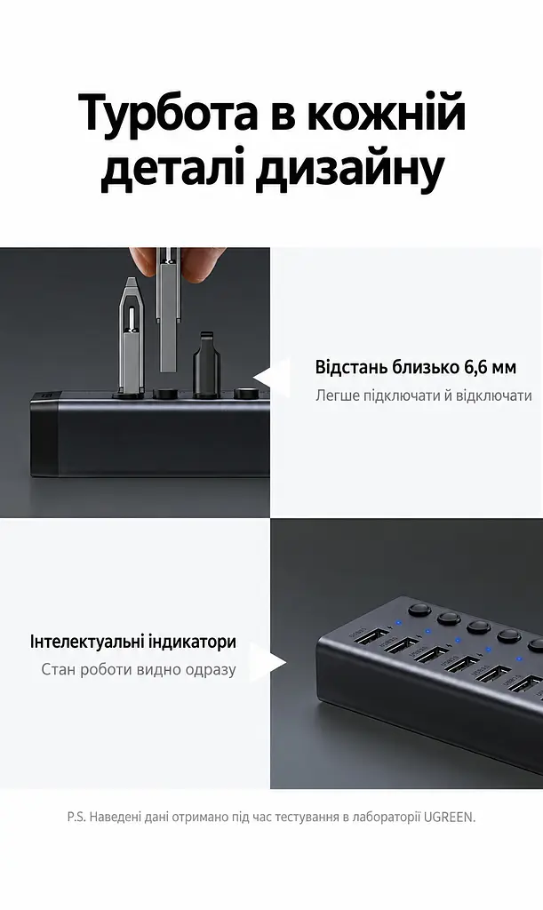 USB-хаб із заряджанням UGREEN CM481 до USB-A комп’ютера через вхід USB-C 7 портів USB-A 3.0 до 5 Гбіт/с BC 1.2 на портах 4–7 сумарно 5 В до 3,5 А живлення DC від комплектного адаптера окремі вимикачі й індикатори портів захист від зворотного й надмірного струму та короткого замикання Windows Mac OS Linux без драйверів сумісний зі старішою USB-периферією знімний кабель USB-A ↔ USB-C 1 м у комплекті алюмінієвий корпус сірий із чорними торцями (90307) - фото 5