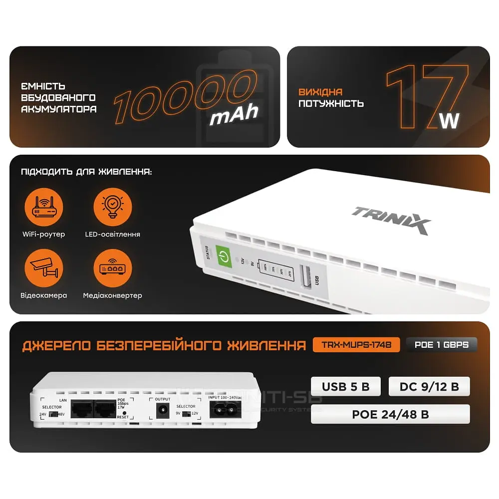 Джерело безперебійного живлення DC UPS Trinix TRX-MUPS-1748 PoE (10000mAh) 5V/9V/12V/24V/48V/PoE 1Gbps, Li-ion 4*2.5Ah, для роутера і медіаконвертера (42-00147) - фото 10