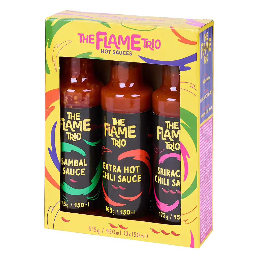 Набір гострих соусів The Flame Trio Hot Sauces Sambal Extra Hot Chili Sriracha 450 мл