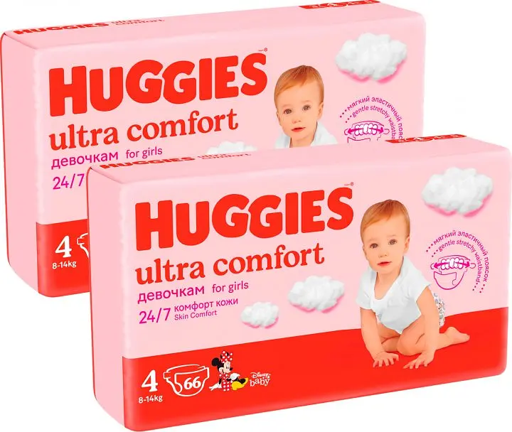 Набір підгузків для дівчаток Huggies Ultra Comfort 4 (8-14 кг), 132 шт. (2 уп. по 66 шт.) - фото 2