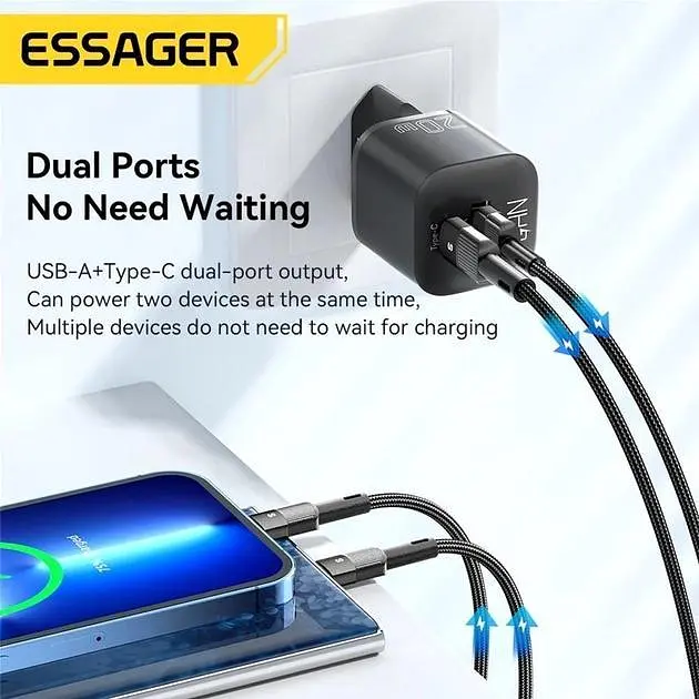 Зарядний пристрій Essager Camber 20W GaN Travel Phone Charger USB A + Type C EU Black (ECTAC-HMB01-P) - фото 3