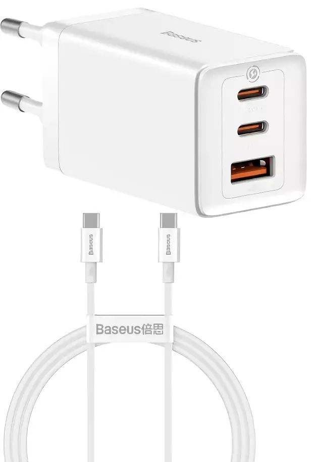 Мережевий зарядний пристрій Baseus GaN5 Pro Fast Charger 2Type-C+USB 65W + Cable Type-C to Type-C CCGP120202 White - фото 5