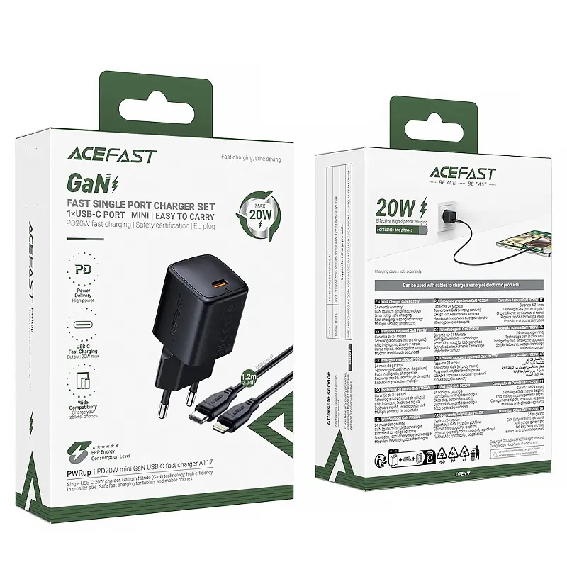 СЗУ Acefast A117 mini PD20W GaN (1USB-C) + кабель Type-C to Lightning Black - фото 6