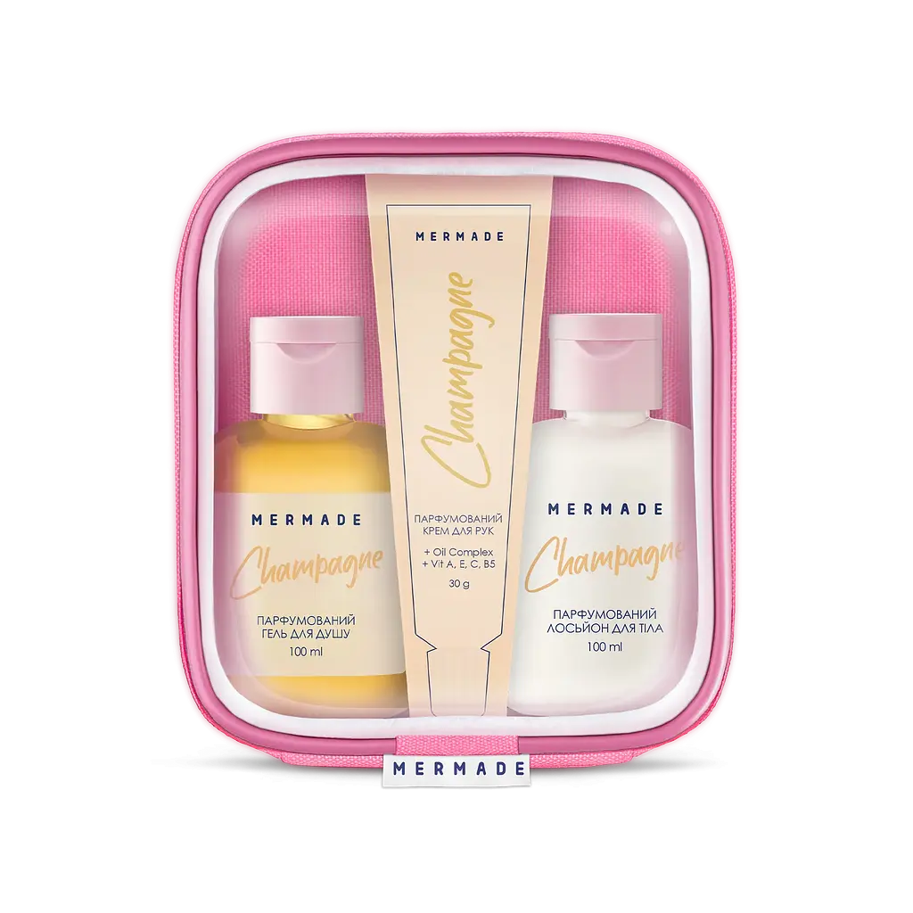 Набор Mermade Сhampagne Body Care: лосьон для тела 100 мл + гель для душа 100 мл + крем для рук 30 г + косметичка - фото 2
