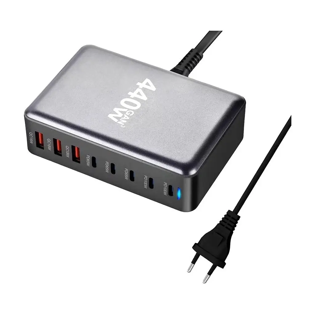 Зарядний пристрій XoKo 2xUSB-С PD100W + 3xUSB-С PD65W + 3xUSB QC18W 440W GaN (QC-400) - фото 2